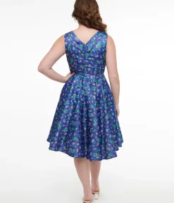 Unique Vintage Swing|Swing>Dolly & Dotty 1950s Purple & Teal Peacock Print Grace Swing Dress