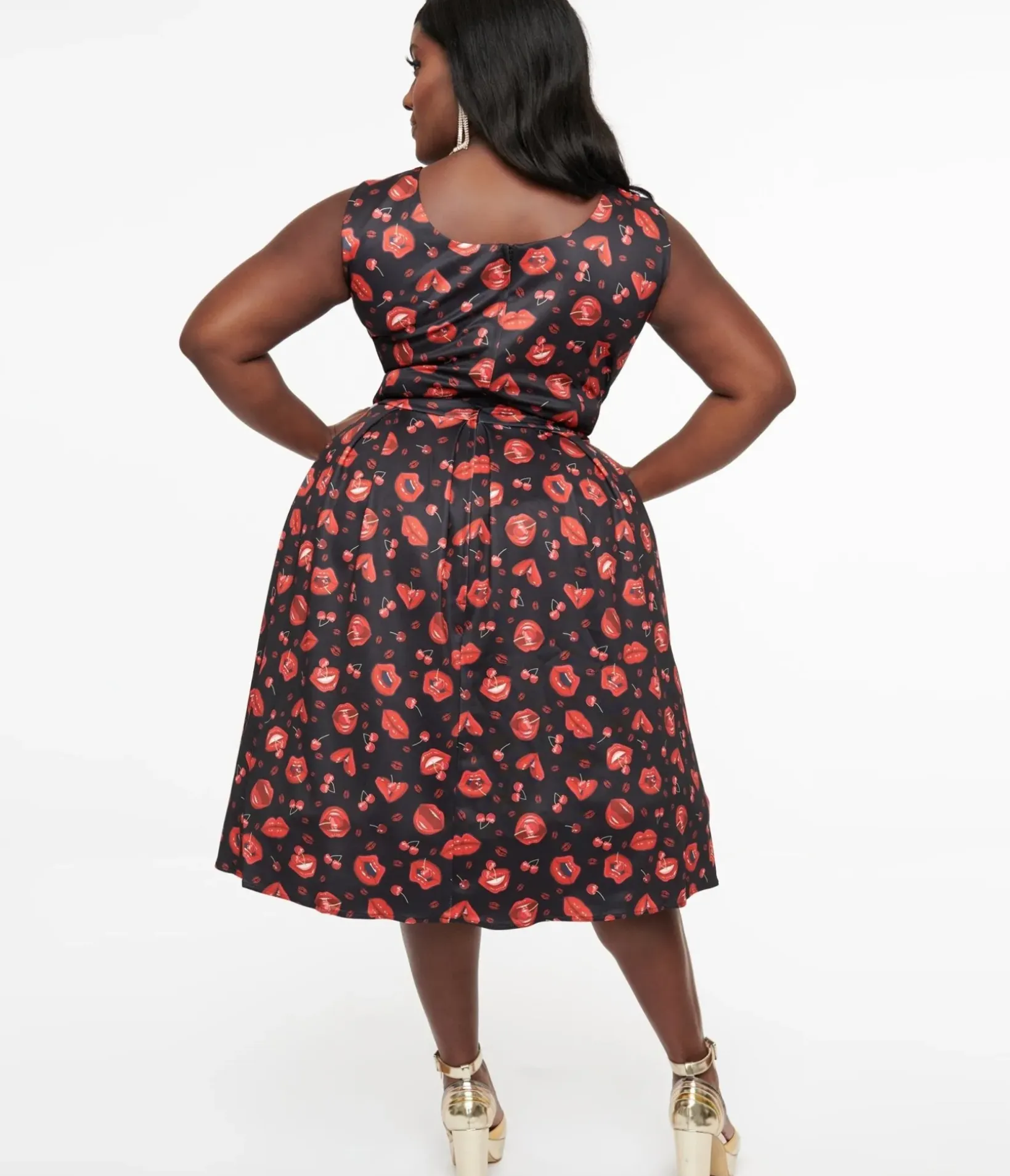 Unique Vintage Swing|Pocket Dresses>Dolly & Dotty 1950s Red Lip & Cherry Amanda Swing Dress