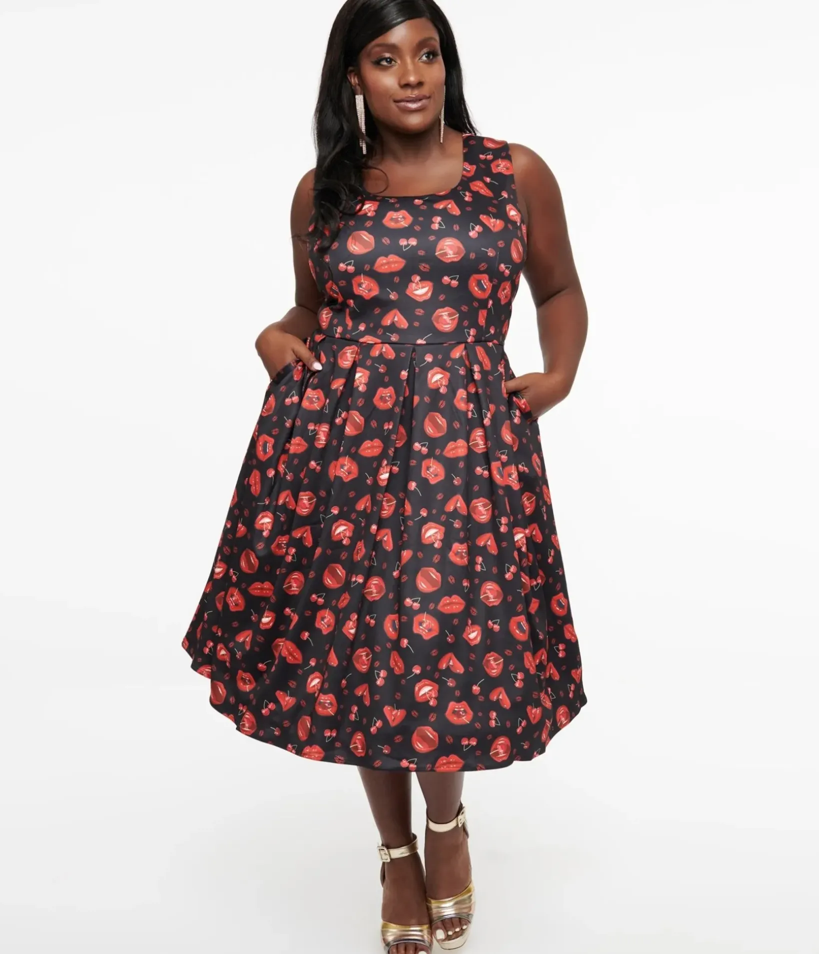 Unique Vintage Swing|Pocket Dresses>Dolly & Dotty 1950s Red Lip & Cherry Amanda Swing Dress