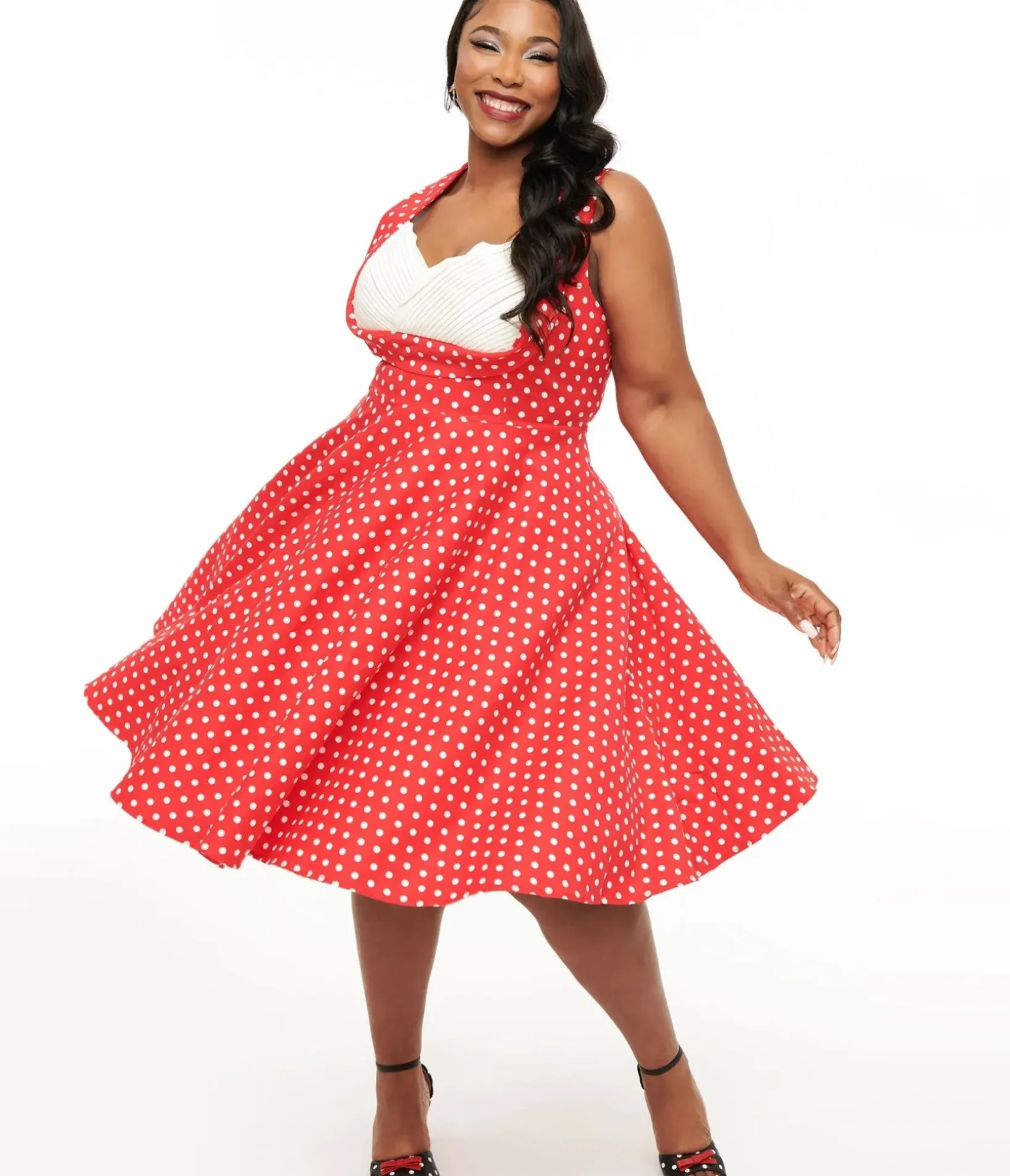 Unique Vintage Swing|Midi>Dolly & Dotty 1950s Red Polka Dot Grace Swing Dress