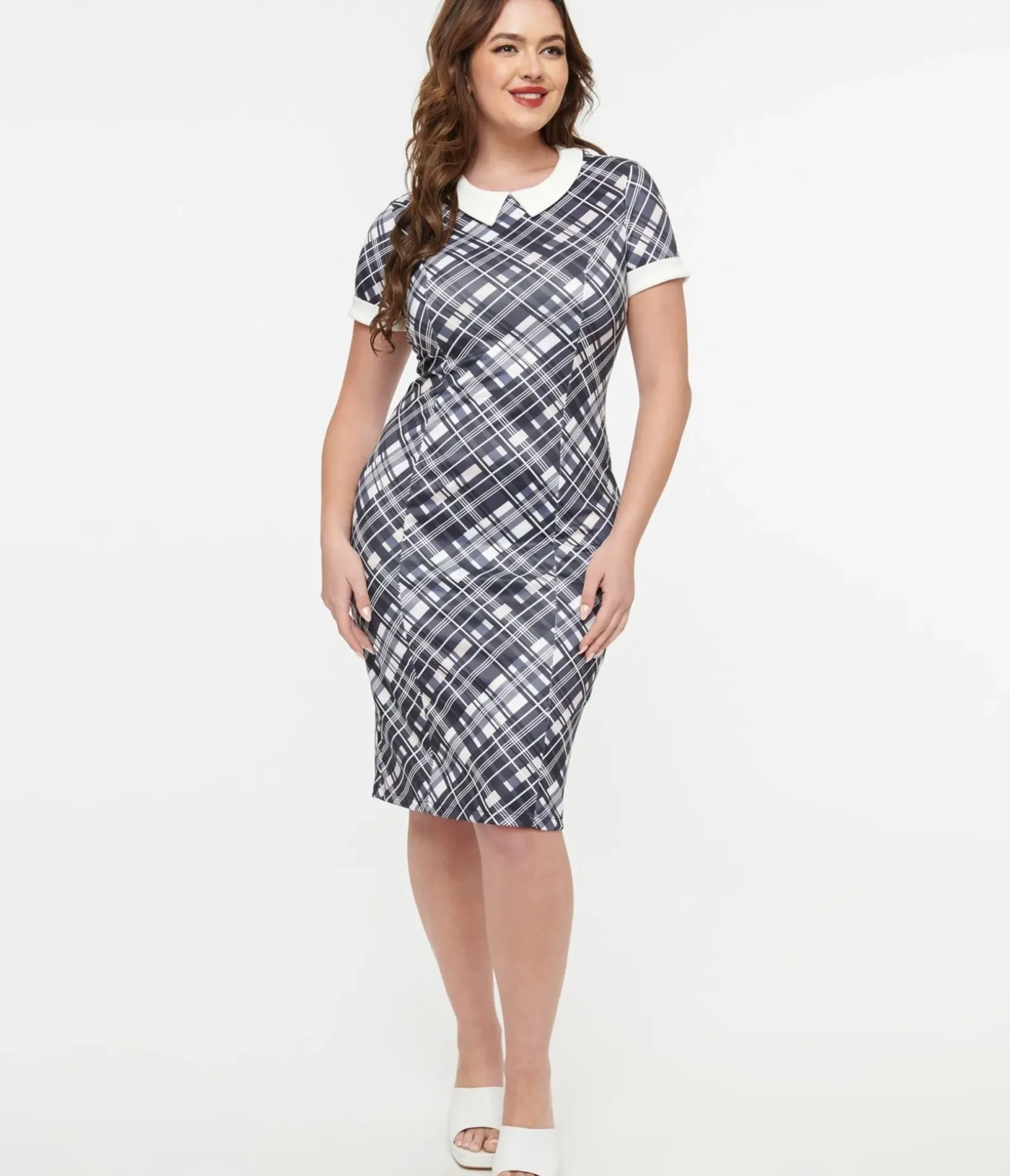 Unique Vintage Pencil|Pencil>Dolly & Dotty 1950s White & Black Checkered Toni Wiggle Dress