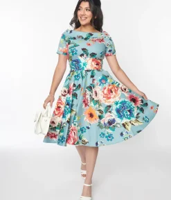 Unique Vintage Swing|Everyday Dresses>Dolly & Dotty Teal & Multicolor Floral Swing Dress