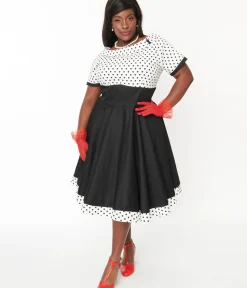 Unique Vintage Swing|Swing>Dolly & Dotty White & Black Polka Dot Retro Swing Dress