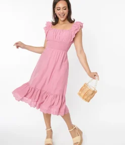 Unique Vintage Midi|Everyday Dresses>Dusty Rose Eyelet Ruffle Trim Midi Dress