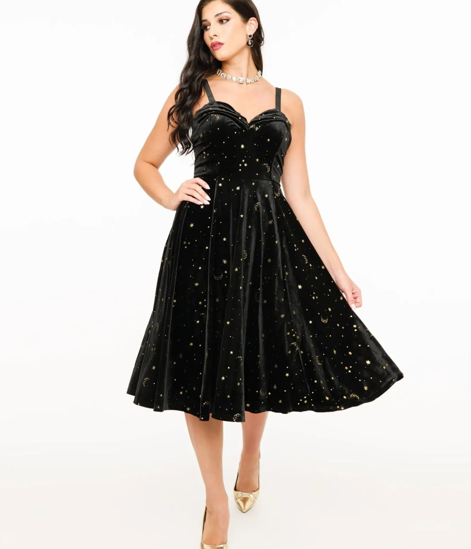 Unique Vintage Swing|Everyday Dresses>Elle Rebel Black Velvet & Gold Lunar Luxe Swing Dress