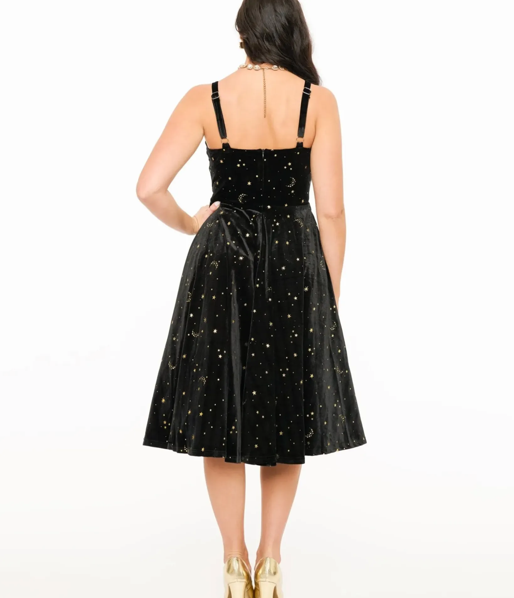 Unique Vintage Swing|Everyday Dresses>Elle Rebel Black Velvet & Gold Lunar Luxe Swing Dress