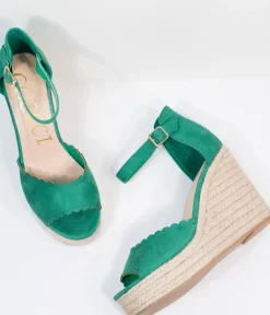 Unique Vintage Heels|Wedges>Emerald Suede Peep Toe Espadrille Wedges