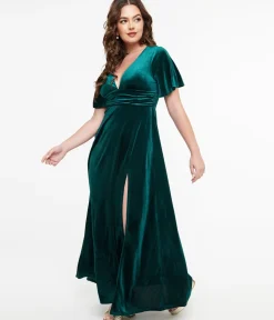 Unique Vintage Maxi|Everyday Dresses>Emerald Velvet Berenice Maxi Dress