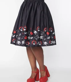 Unique Vintage All Things Black>Emily The Strange x Black & Emily Border Print Gellar Swing Skirt