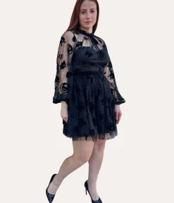 Unique Vintage All Things Black>Emily The Strange x Black Flocked Tulle Flare Dress