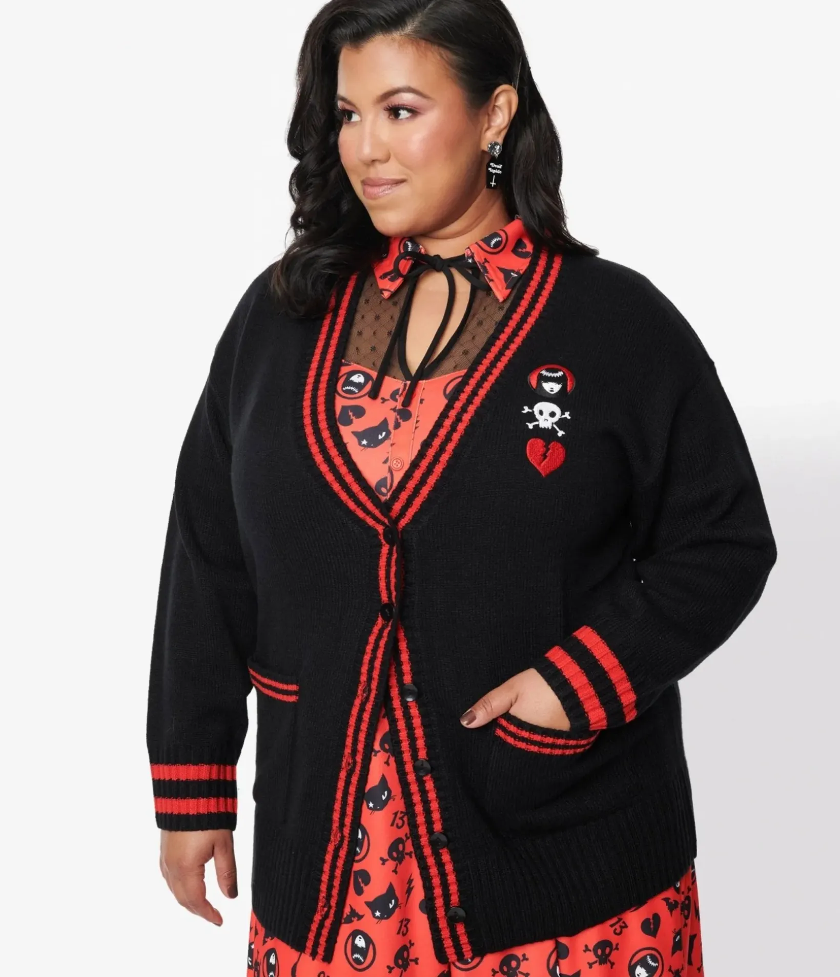 Unique Vintage Sweaters & Cardigans|All Things Black>Emily The Strange x Black & Red Long Cardigan