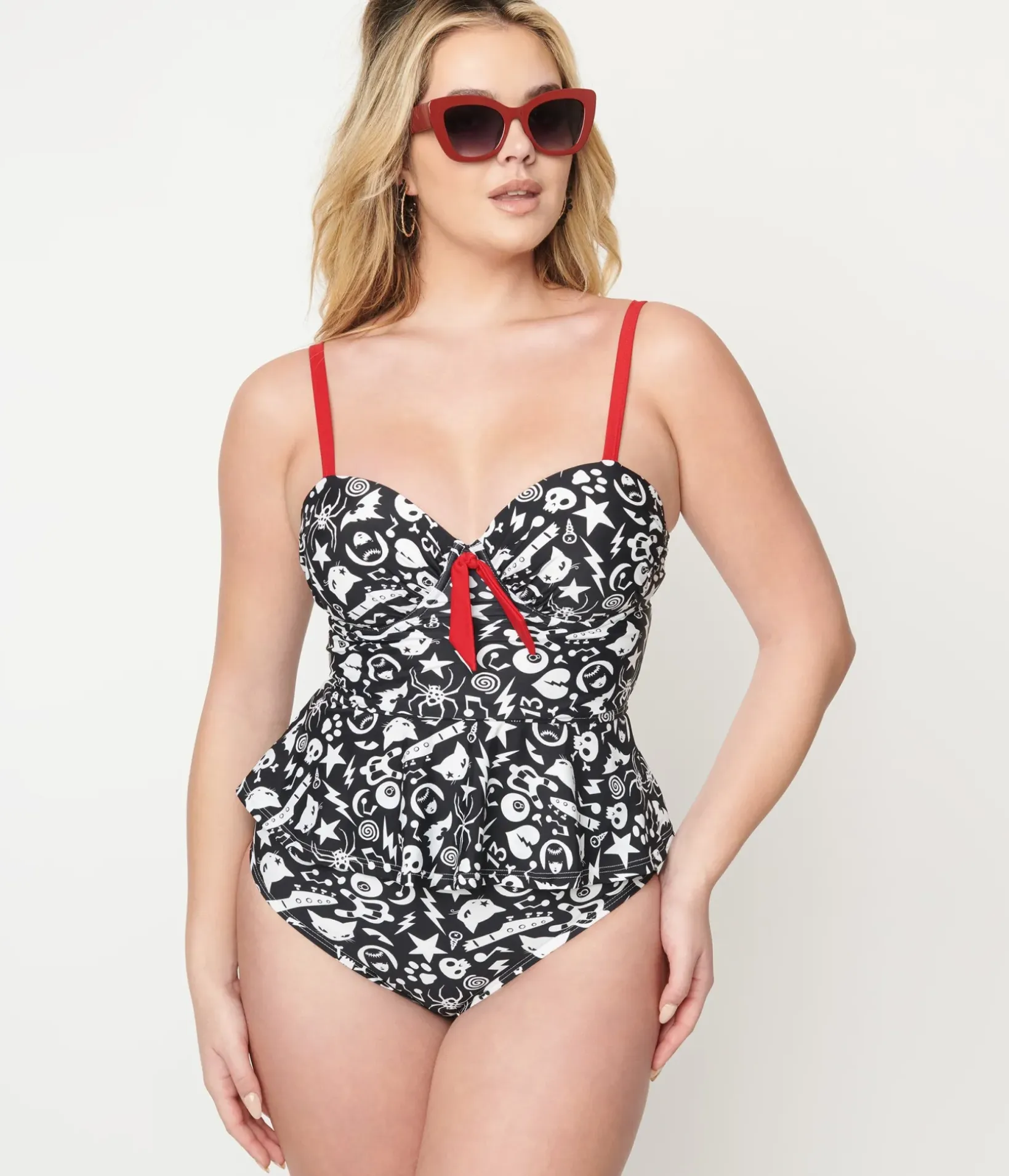 Unique Vintage Swim Tops|Two Piece Swim>Emily The Strange x Black & White Tankini Swim Top