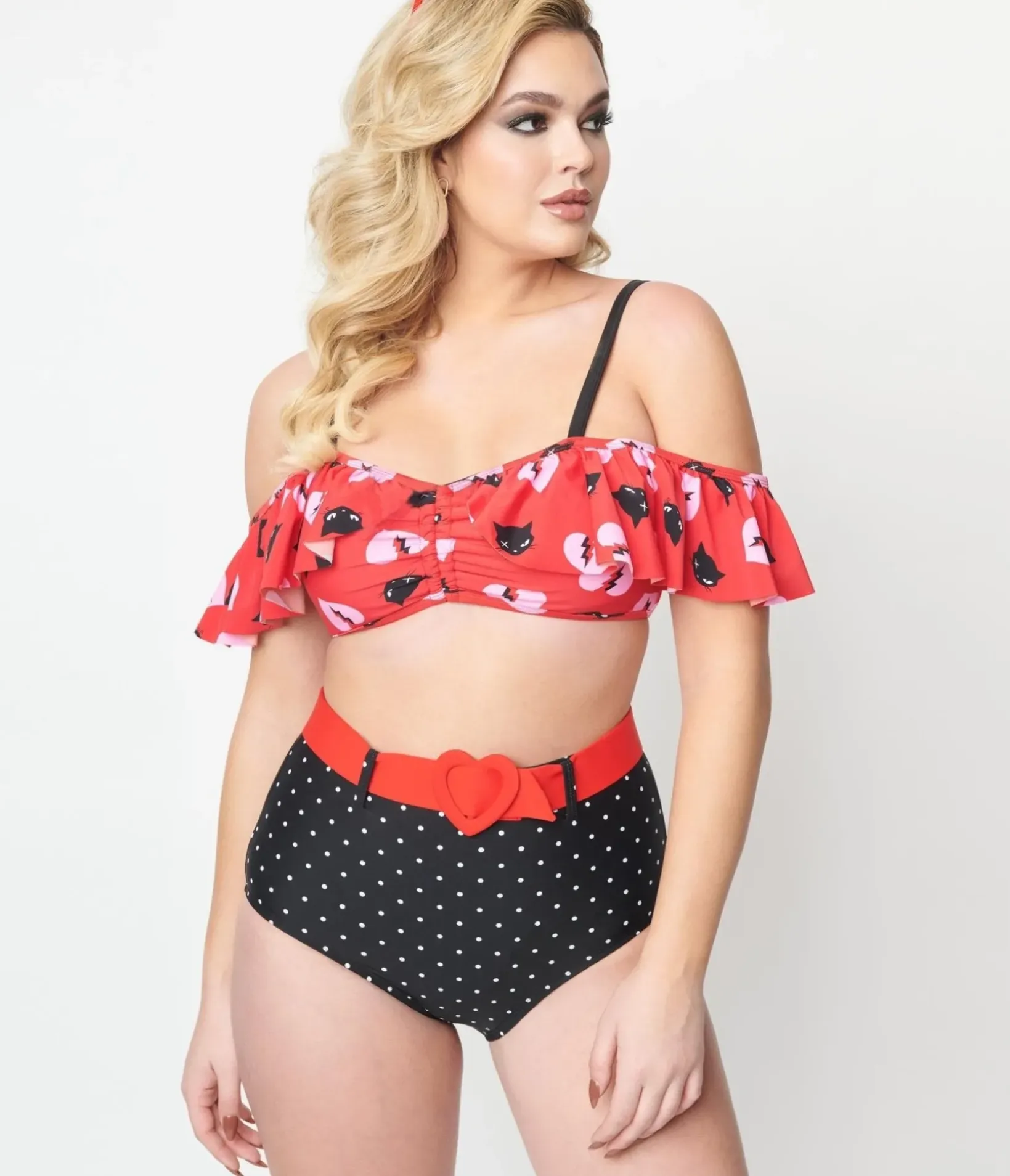 Unique Vintage All Things Red>Emily The Strange x Red & Black Cats Ruffle Swim Top