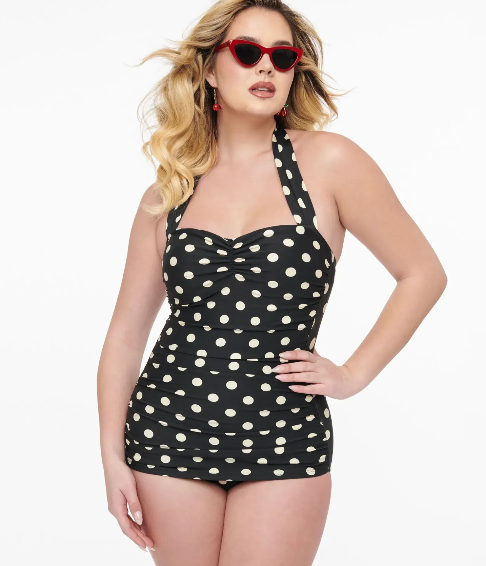 Unique Vintage One Piece Swim|One Piece Swim>Esther Williams 1950s Black & White Polka Dot One Piece Swimsuit