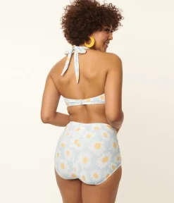 Unique Vintage Two Piece Swim>Esther Williams 1950s Light Blue & White Daisy Print Bikini Set