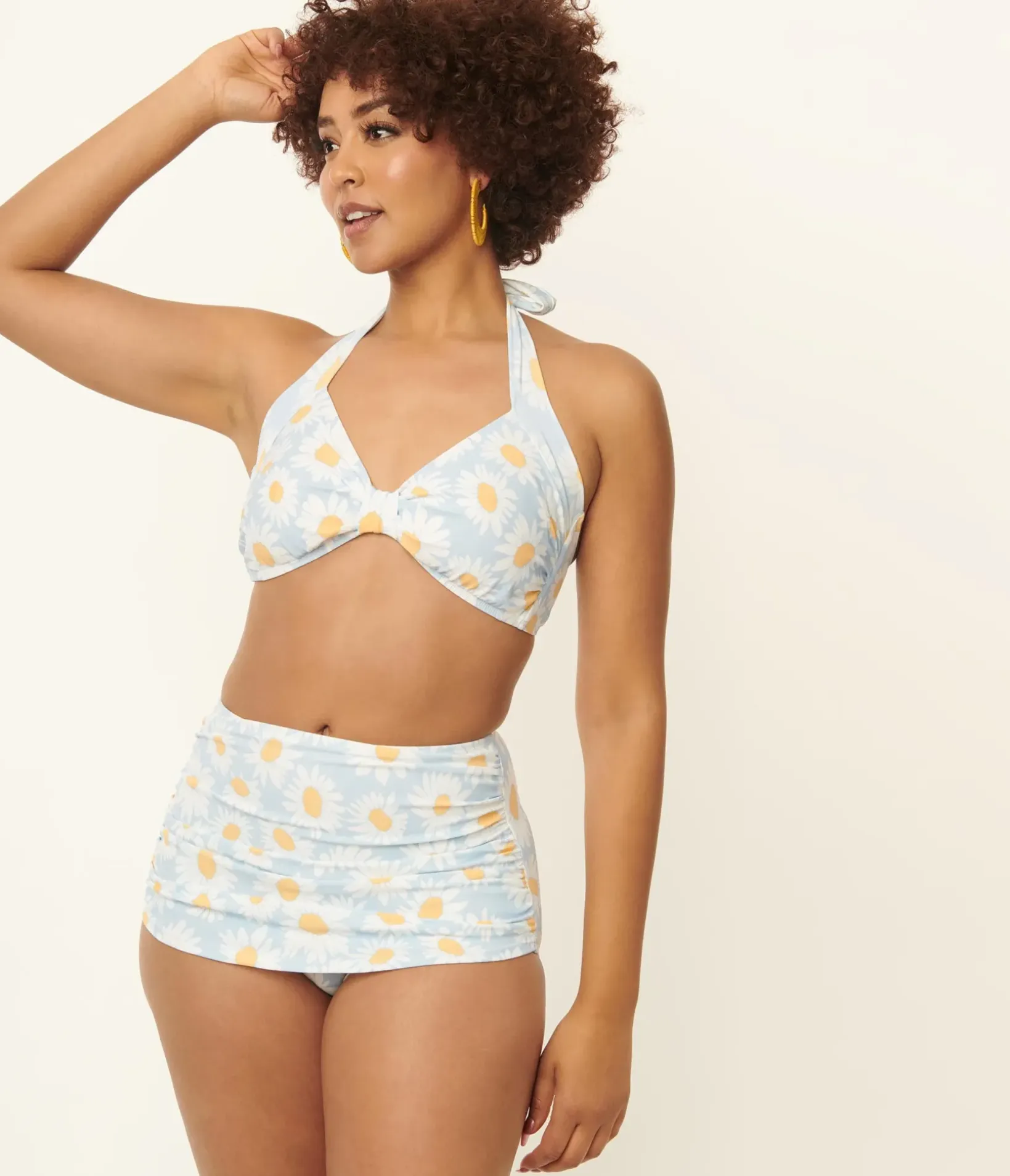 Unique Vintage Two Piece Swim>Esther Williams 1950s Light Blue & White Daisy Print Bikini Set