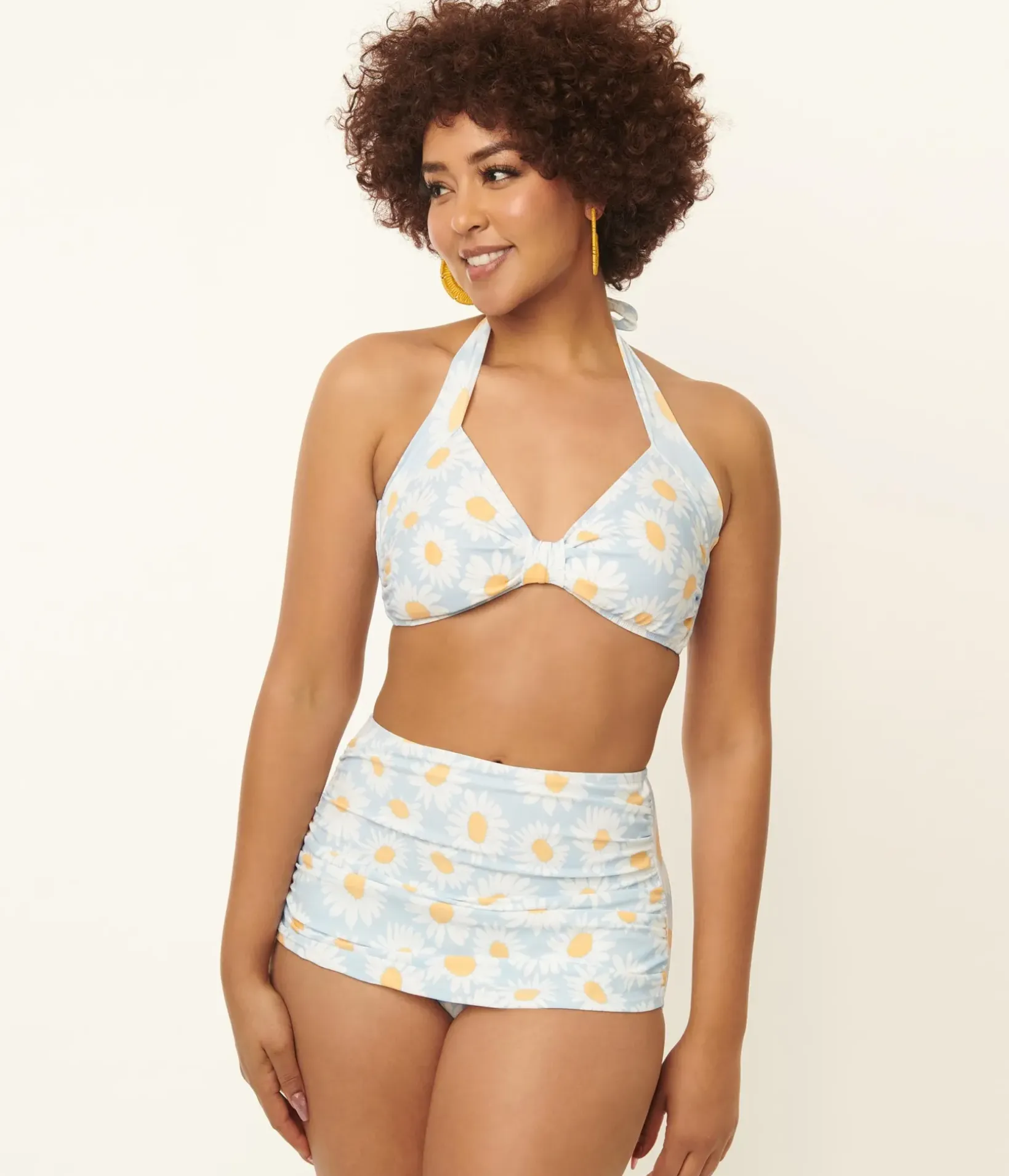 Unique Vintage Two Piece Swim>Esther Williams 1950s Light Blue & White Daisy Print Bikini Set
