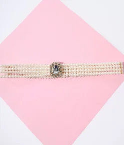 Unique Vintage Special Occasion|Prom Accessories>Faux Pearl & Rhinestone Buckle Cinch Belt