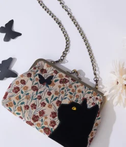 Unique Vintage Novelty Bags>Floral Black Cat Handbag