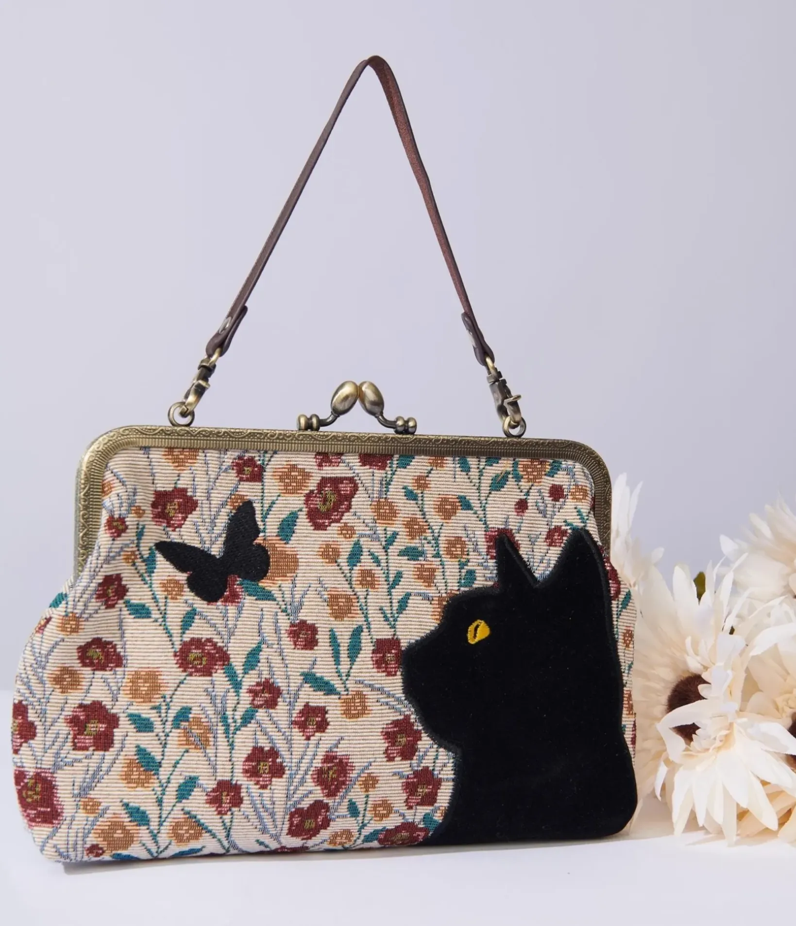 Unique Vintage Novelty Bags>Floral Black Cat Handbag