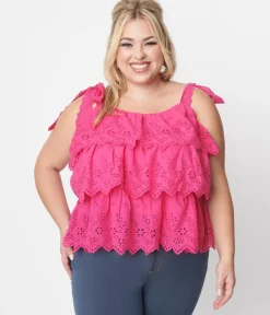 Unique Vintage Blouses>Fuchsia Tiered Eyelet Blouse
