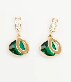 Unique Vintage Special Occasion|Flapper Accessories>Gold & Emerald Green Rhinestone Drop Earrings