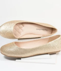 Unique Vintage Flats>Golden Glitter Ballet Flats