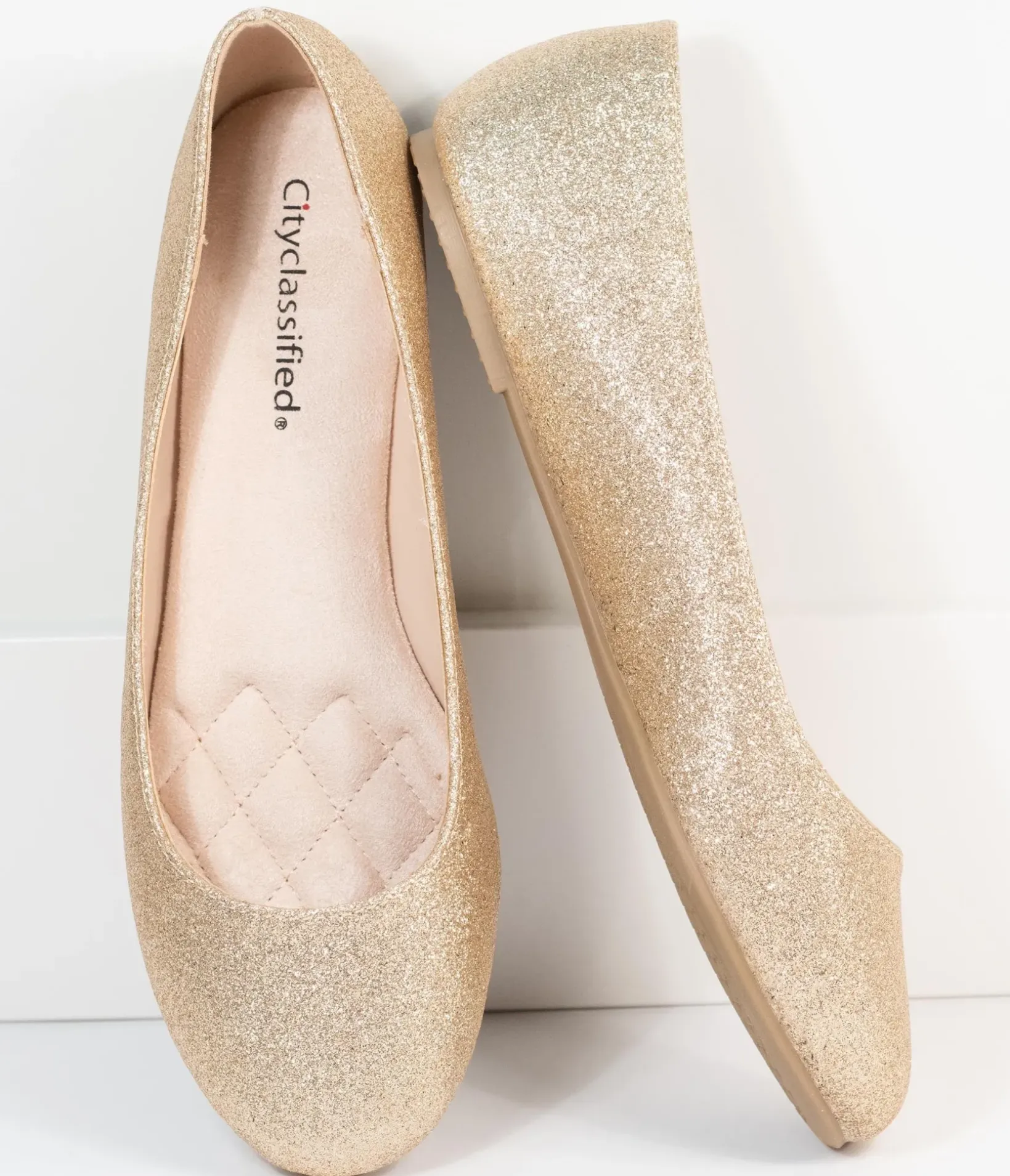 Unique Vintage Flats>Golden Glitter Ballet Flats