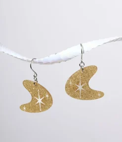 Unique Vintage Earrings>Gold Glitter Atomic Boomerang Dangle Earrings