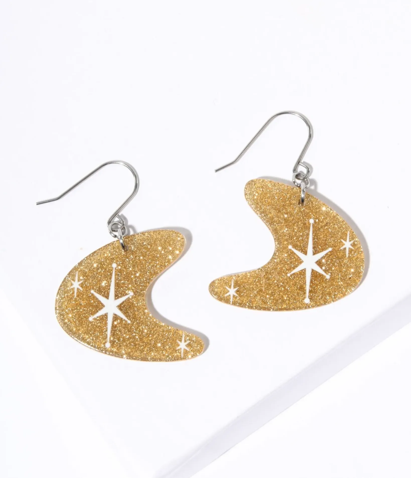 Unique Vintage Earrings>Gold Glitter Atomic Boomerang Dangle Earrings