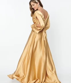 Unique Vintage Special Occasion|Prom Dresses>Gold Satin Long Sleeve Goddess Gown