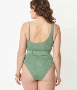Unique Vintage One Piece Swim>Green Belted One Piece Swimsuit