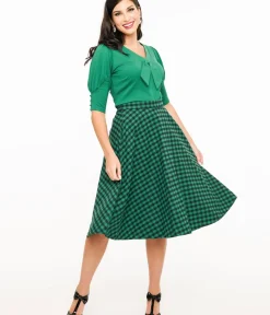 Unique Vintage Skirts>Green & Black Plaid Midi Skirt