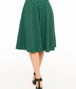 Unique Vintage Skirts>Green & Black Plaid Midi Skirt