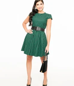 Unique Vintage Fit & Flare|Pocket Dresses>Green & Black Plaid Mini Dress