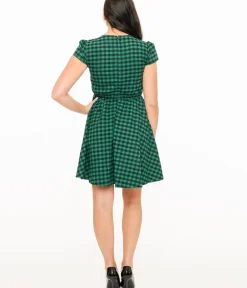Unique Vintage Fit & Flare|Pocket Dresses>Green & Black Plaid Mini Dress