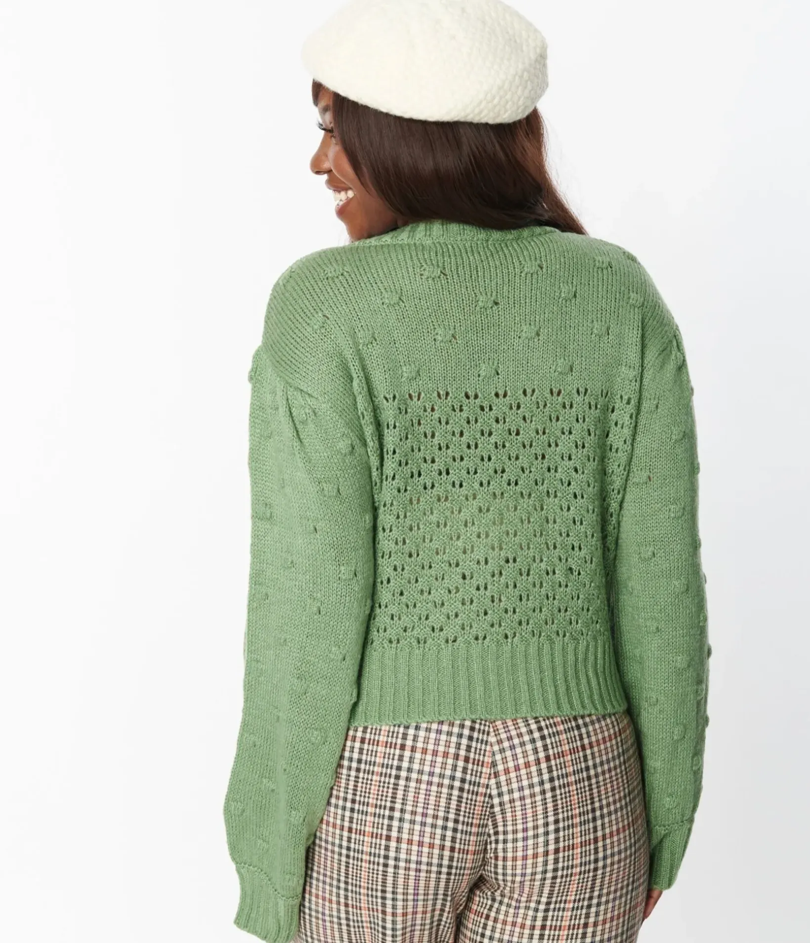 Unique Vintage Sweaters & Cardigans|Work Wear>Green Eyelet Pom Pom Puff Sleeve Cardigan