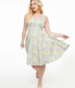 Unique Vintage Swing|Everyday Dresses>Green & Multicolor Floral Cotton Swing Dress
