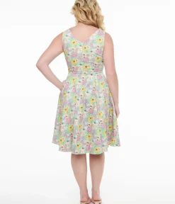 Unique Vintage Swing|Everyday Dresses>Green & Multicolor Floral Cotton Swing Dress