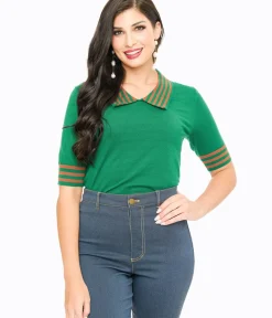 Unique Vintage Sweaters & Cardigans>Green & Orange Striped Collar Knit Sweater