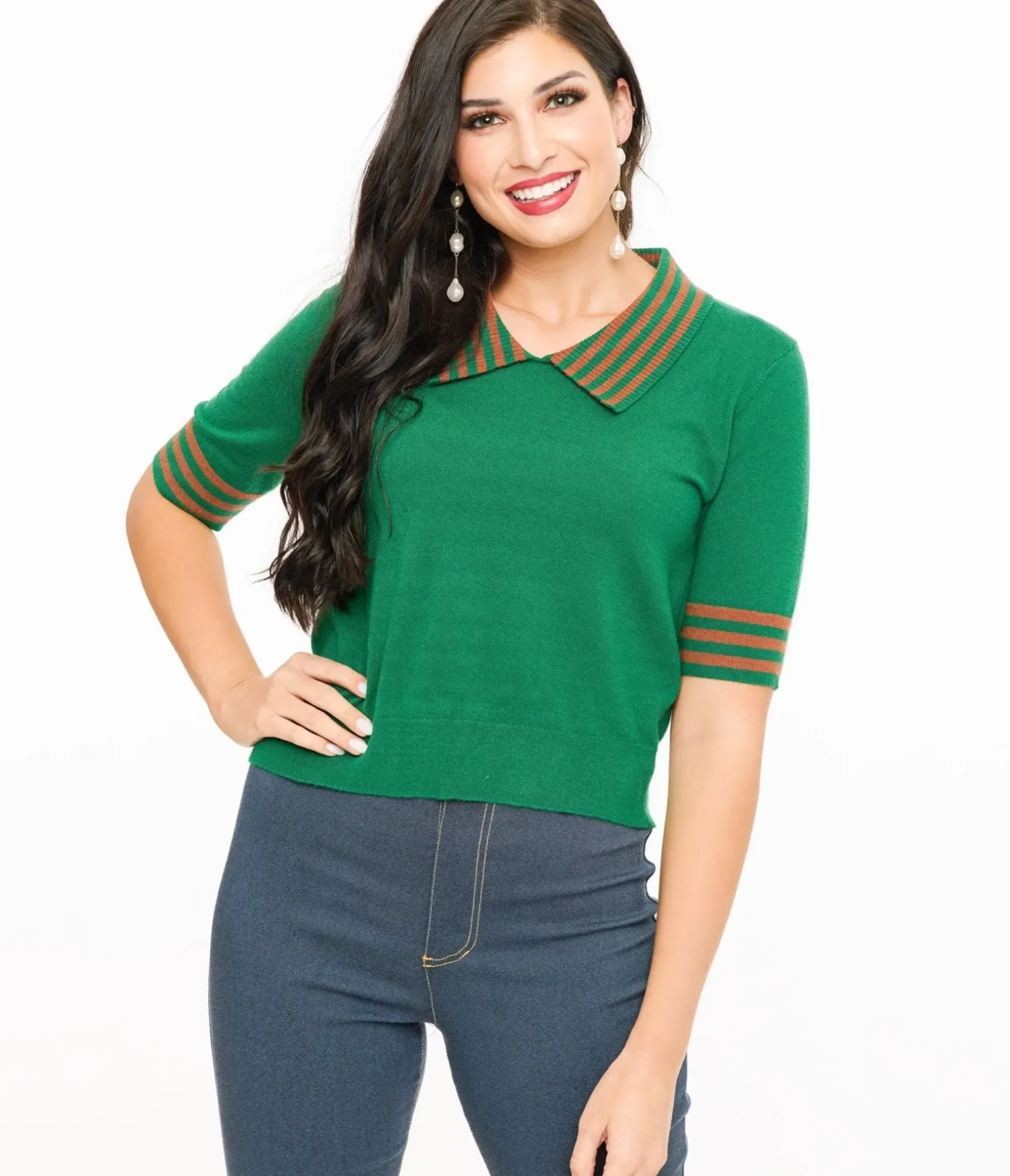 Unique Vintage Sweaters & Cardigans>Green & Orange Striped Collar Knit Sweater