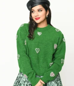 Unique Vintage Sweaters & Cardigans>Green Rhinestone Hearts Embellished Pullover Sweater