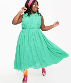 Unique Vintage Midi|Pocket Dresses>Green Seersucker Midi Dress