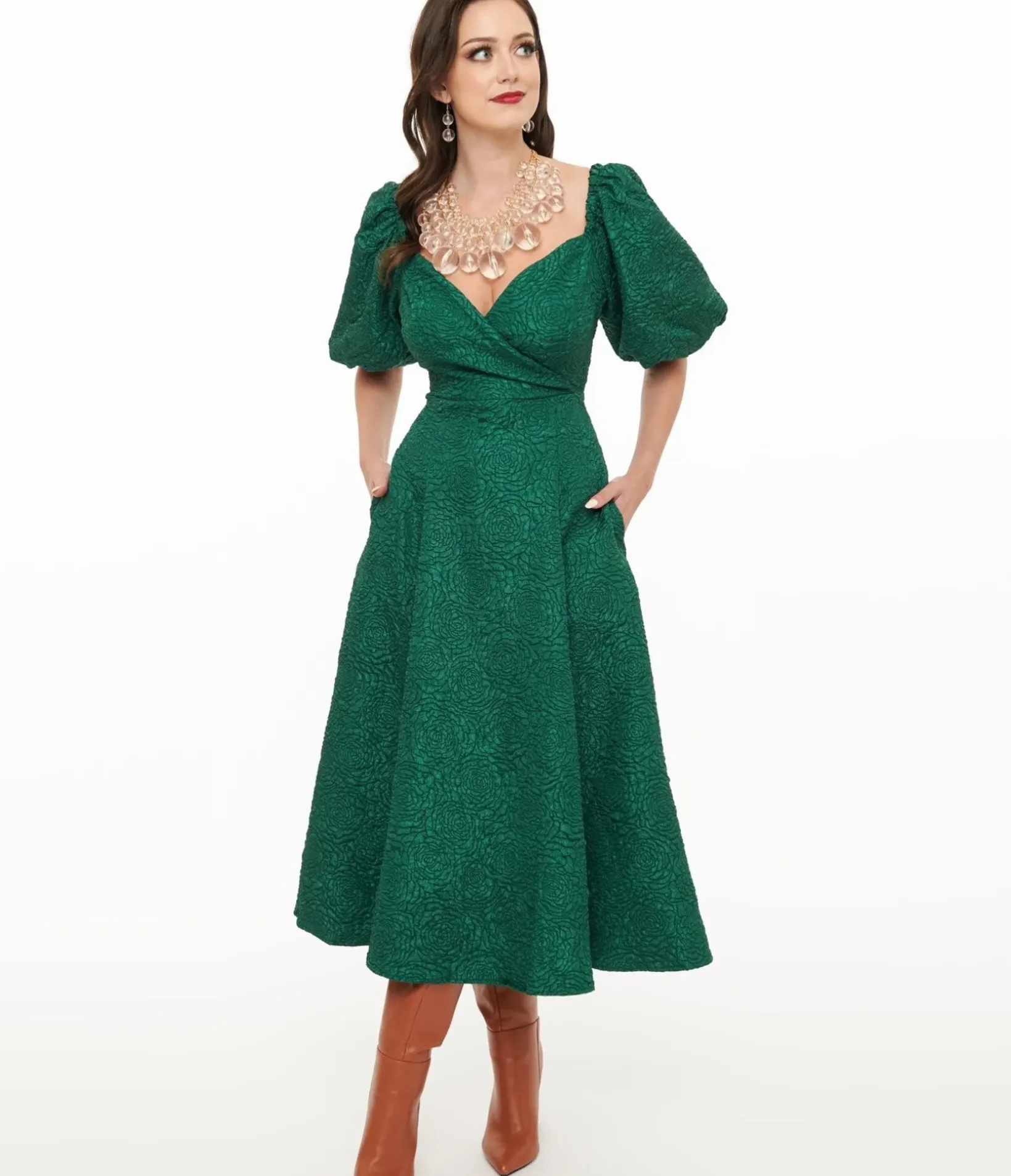 Unique Vintage Midi|Pocket Dresses>Green Textured Goddress Behavior Midi Dress
