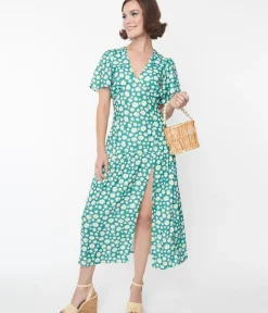 Unique Vintage Midi|Everyday Dresses>Green & White Daisy Midi Dress