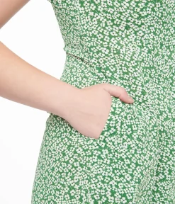 Unique Vintage Midi|Everyday Dresses>Green & White Ditsy Floral Print Button Up Midi Dress