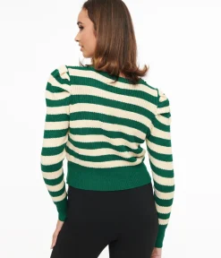 Unique Vintage Sweaters & Cardigans|Work Wear>Green & White Stripe Yara Knit Sweater