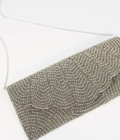 Unique Vintage Special Occasion|Prom Accessories>Gunmetal & Silver Beaded Envelope Clutch