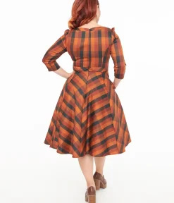 Unique Vintage Swing|Pocket Dresses>Hearts & Roses Brown & Orange Check Caitlin Swing Dress