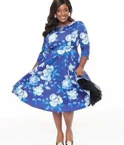 Unique Vintage Swing|Pocket Dresses>Hearts & Roses Plus Size Blue & White Floral Dafney Swing Dress